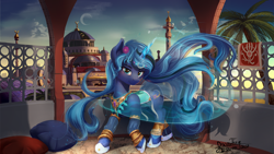 Size: 1920x1080 | Tagged: safe, artist:discordthege, oc, oc only, oc:moonlight silk, pony, unicorn, ankle bracelet, arabic, belly dancer, clothes, commission, female, flower, flower in hair, jewelry, looking at you, magic, mare, minaret, necklace, not hagia sophia, not luna, palace, scenery, smiling, solo