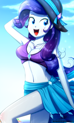 Size: 820x1360 | Tagged: safe, artist:the-butch-x, rarity, better together, equestria girls, adorasexy, armpits, beautiful, beautisexy, belly button, bikini, bikini babe, breasts, cleavage, clothes, commission, cute, female, geode of shielding, hat, magical geodes, midriff, open mouth, raribetes, raritits, sarong, sexy, solo, stupid sexy rarity, sun hat, swimsuit, thighs