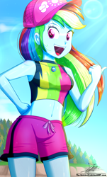 Size: 820x1360 | Tagged: safe, artist:the-butch-x, rainbow dash, better together, equestria girls, belly button, breasts, cap, clothes, cute, dashabetes, female, geode of super speed, hat, jewelry, looking at you, magical geodes, midriff, necklace, open mouth, shorts, solo, stupid sexy rainbow dash, swimsuit