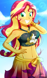 Size: 820x1360 | Tagged: safe, artist:the-butch-x, part of a set, sunset shimmer, better together, equestria girls, forgotten friendship, adorasexy, bare shoulders, beautiful, belly button, bikini, bikini babe, blushing, breasts, clothes, cloud, crepuscular rays, cute, female, hand on hip, lens flare, midriff, sarong, sexy, shimmerbetes, sky, smiling, solo, summer sunset, sunset jiggler, swimsuit