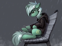 Size: 1627x1208 | Tagged: safe, artist:ramiras, lyra heartstrings, pony, unicorn, fanfic:background pony, bench, clothes, crying, depressed, emo, emo lyra, female, hoodie, mare, rain, sad, solo, sweater