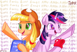 Size: 728x491 | Tagged: safe, artist:jowyb, applejack, twilight sparkle, twilight sparkle (alicorn), alicorn, earth pony, pony, alternate hairstyle, apple, book, female, mane swap, mare, role reversal, shipping, that pony sure does love apples, that pony sure does love books, twijack, twijack weekly