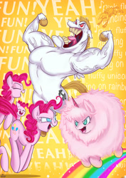 Size: 2480x3508 | Tagged: safe, artist:jowyb, bulk biceps, pinkie pie, oc, oc:fluffle puff, earth pony, pony, fun, pink fluffy unicorns dancing on rainbows, r-dash 5000, yeah