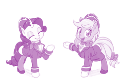 Size: 1000x680 | Tagged: safe, artist:dstears, applejack, rarity, earth pony, pony, unicorn, clothes, duo, eyes closed, female, flight attendant, hat, looking at you, mare, pantyhose, simple background, smiling, white background