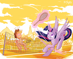 Size: 815x664 | Tagged: safe, artist:jowyb, applejack, twilight sparkle, twilight sparkle (alicorn), alicorn, earth pony, pony, female, hoof hold, lesbian, magic, mare, shipping, telekinesis, tennis, twijack, twijack weekly