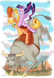 Size: 605x864 | Tagged: safe, artist:jowyb, applejack, twilight sparkle, twilight sparkle (alicorn), alicorn, bull, earth pony, pony, bucking, bull riding, cloven hooves, female, gritted teeth, lesbian, male, mare, open mouth, ponies riding bulls, riding, rodeo, saddle, shipping, twijack, twijack weekly