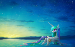 Size: 1900x1200 | Tagged: safe, artist:scheadar, princess celestia, alicorn, pony, female, lake, looking back, mare, scenery, solo, sunrise, twilight (astronomy), water, wet mane