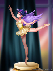 Size: 800x1067 | Tagged: safe, artist:racoonsan, twilight sparkle, human, a royal problem, alternate hairstyle, armpits, ballerina, ballet slippers, clothes, cute, female, full body, hair bun, horned humanization, humanized, leotard, looking at you, music box, pose, raised leg, see-through, smiling, solo, tutu, twiabetes, twilarina, winged humanization, wings