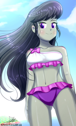 Size: 820x1360 | Tagged: safe, artist:the-butch-x, octavia melody, equestria girls, equestria girls series, x marks the spot, adorasexy, attached skirt, belly button, bikini, bikini babe, blushing, bow swimsuit, clothes, commission, crepuscular rays, cute, female, frilled swimsuit, legs, midriff, purple swimsuit, sexy, skirt, smiling, solo, stupid sexy octavia, swimsuit, tavibetes, thighs, tricolor swimsuit, underass, white swimsuit