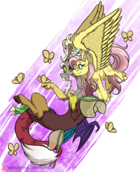 Size: 900x1101 | Tagged: safe, artist:inuhoshi-to-darkpen, discord, fluttershy, draconequus, pegasus, pony, discordant harmony, butterfly net, discoshy, feathered fetlocks, female, male, mare, shipping, smiling, straight