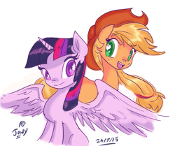 Size: 961x803 | Tagged: safe, artist:jowyb, applejack, twilight sparkle, twilight sparkle (alicorn), alicorn, earth pony, pony, female, heart eyes, lesbian, mare, open mouth, shipping, smiling, spread wings, twijack, twijack weekly, wingding eyes