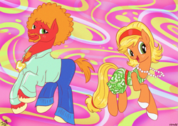 Size: 1167x824 | Tagged: safe, artist:jowyb, applejack, big macintosh, earth pony, pony, 70's fashion, afro, alternate hairstyle, beard, chest hair, male, stallion