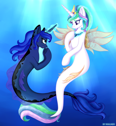 Size: 1993x2175 | Tagged: safe, artist:mailner, princess celestia, princess luna, seapony (g4), my little pony: the movie, crown, cute, eyelashes, female, glow, horn, jewelry, looking at each other, magic, magic aura, necklace, ocean, present, regalia, seaponified, seapony celestia, seapony luna, sisters, smiling, species swap, tail, underwater, water