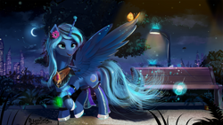 Size: 1920x1080 | Tagged: safe, artist:discordthege, oc, oc only, oc:moonlight silk, alicorn, butterfly, pony, alicorn oc, bench, building, city, clothes, crescent moon, female, flower, flower in hair, lidded eyes, mare, moon, night, not luna, smiling, solo