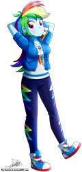 Size: 1004x2096 | Tagged: safe, artist:the-butch-x, part of a set, rainbow dash, better together, equestria girls, arm behind head, clothes, converse, female, geode of super speed, looking at you, magical geodes, shirt, shoes, simple background, sneakers, solo, sweater, transparent background