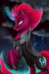 Size: 3000x4500 | Tagged: safe, artist:das_leben, tempest shadow, pony, unicorn, my little pony: the movie, absurd resolution, broken horn, cloud, dark clouds, electricity, female, horn, mare, rearing, solo, sparking horn