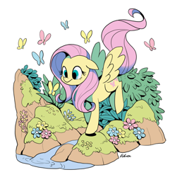 Size: 700x705 | Tagged: safe, artist:rikuta, fluttershy, butterfly, pegasus, pony, bush, flower, river, solo, stream