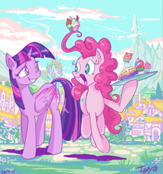 Size: 779x832 | Tagged: safe, artist:jowyb, pinkie pie, twilight sparkle, twilight sparkle (alicorn), alicorn, earth pony, pony, cupcake, dessert, duo, food, hoof hold, open mouth, pie, ponyville, prehensile mane, smiling, tray