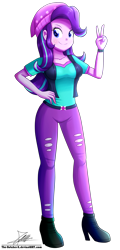 Size: 1004x2096 | Tagged: safe, artist:the-butch-x, part of a set, starlight glimmer, equestria girls, mirror magic, spoiler:eqg specials, adorasexy, beanie, breasts, commission, cute, female, hat, looking at you, peace sign, sexy, signature, simple background, smiling, solo, stupid sexy starlight glimmer, transparent background