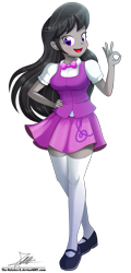 Size: 1004x2096 | Tagged: safe, artist:the-butch-x, octavia melody, equestria girls, bowtie, clothes, commission, cute, female, hand on hip, long socks, looking at you, mary janes, open mouth, shoes, signature, simple background, skirt, smiling, socks, solo, thigh highs, thighs, transparent background, zettai ryouiki