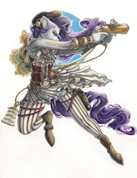 Size: 616x800 | Tagged: safe, artist:chasingthesilverstag, rarity, anthro, unguligrade anthro, unicorn, action pose, badass, beautiful, clothes, female, gun, mare, signature, simple background, solo, steampunk, weapon, white background