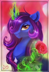 Size: 1464x2160 | Tagged: safe, artist:das_leben, oc, oc only, pony, unicorn, bust, female, flower, glowing horn, hair over one eye, jewel, magic, mare, portrait, rose, solo