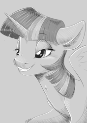 Size: 2894x4093 | Tagged: safe, artist:faline-art, twilight sparkle, twilight sparkle (alicorn), alicorn, pony, female, grin, mare, monochrome, smiling, smug, solo