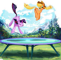 Size: 819x809 | Tagged: safe, artist:jowyb, applejack, twilight sparkle, twilight sparkle (alicorn), alicorn, earth pony, pony, bouncing, female, jumping, lesbian, mare, shipping, silly, silly pony, smiling, trampoline, twijack, twijack weekly