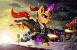 Size: 2560x1664 | Tagged: safe, artist:das_leben, oc, oc only, pony, unicorn, clothes, crossover, dual wield, glowing horn, gun, handgun, houses, m1911, male, max payne, muzzle flash, necktie, pistol, road, solo, stallion, weapon, winter