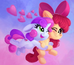 Size: 2000x1767 | Tagged: safe, artist:discorded, apple bloom, sweetie belle, earth pony, pony, unicorn, adorabloom, cute, diasweetes, female, floating heart, heart, heart eyes, lesbian, one eye closed, open mouth, shipping, smiling, sweetiebloom, underhoof, wingding eyes