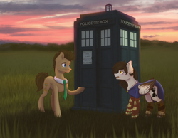 Size: 2700x2100 | Tagged: safe, artist:shiro-roo, doctor whooves, oc, earth pony, pegasus, pony, clothes, doctor who, duo, tardis