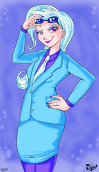 Size: 504x873 | Tagged: safe, artist:jowyb, trixie, human, business suit, clothes, dress, dress suit, glasses, humanized, looking at you, nail polish, smiling, smirk, solo