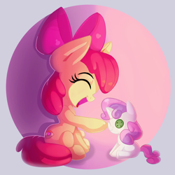 Size: 2000x2000 | Tagged: safe, artist:discorded, apple bloom, sweetie belle, earth pony, pony, unicorn, abstract background, adorabloom, boop, bow, cute, doll, eyes closed, female, filly, hair bow, happy, hnnng, open mouth, plushie, sitting, smiling, solo, toy