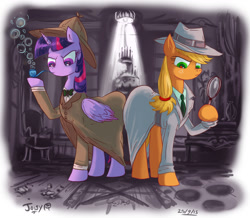 Size: 1280x1116 | Tagged: safe, artist:jowyb, applejack, twilight sparkle, twilight sparkle (alicorn), alicorn, earth pony, pony, bubble, bubble pipe, clothes, detective, female, lesbian, magnifying glass, mare, noir, pipe, raised hoof, sherlock holmes, shipping, twijack, twijack weekly