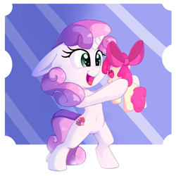 Size: 2000x2000 | Tagged: safe, artist:discorded, apple bloom, sweetie belle, pony, unicorn, belly button, bipedal, cute, cutie mark, doll, female, filly, floppy ears, open mouth, plushie, solo, the cmc's cutie marks, toy