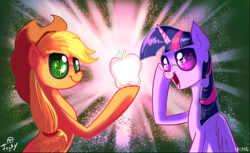 Size: 770x471 | Tagged: safe, artist:jowyb, applejack, twilight sparkle, twilight sparkle (alicorn), alicorn, earth pony, pony, apple, female, glasses, glow, lesbian, mare, open mouth, shipping, sunglasses, twijack, twijack weekly