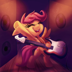 Size: 2000x2000 | Tagged: safe, artist:discorded, scootaloo, pegasus, pony, armpits, bipedal, cute, cutealoo, eyes closed, female, filly, guitar, happy, scootabass, smiling, solo, underhoof