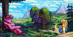 Size: 3508x1791 | Tagged: safe, artist:jowyb, blossomforth, junebug, pinkie pie, bird, earth pony, pony, canterlot, drink, flower, glass, mountain, open mouth, ponyville, relaxing, saddle bag, scenery, scenery porn, tavern, tree, twilight's castle, weeping willow