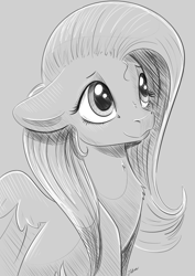Size: 2894x4093 | Tagged: safe, artist:faline-art, fluttershy, pegasus, pony, bust, female, floppy ears, looking up, mare, monochrome, portrait, smiling, solo, stray strand, three quarter view