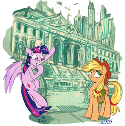 Size: 804x812 | Tagged: safe, artist:jowyb, applejack, twilight sparkle, twilight sparkle (alicorn), alicorn, earth pony, pony, excited, female, lesbian, library, manehattan, mare, shipping, twijack, twijack weekly