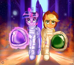 Size: 985x868 | Tagged: safe, artist:jowyb, applejack, twilight sparkle, twilight sparkle (alicorn), alicorn, earth pony, pony, astronaut, clothes, duo, female, helmet, mare, smiling, spacesuit, twijack weekly