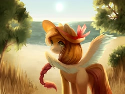 Size: 2560x1920 | Tagged: safe, artist:aphphphphp, oc, oc only, pegasus, pony, beach, colored wings, colored wingtips, female, hat, looking back, mare, ocean, plot, solo, spread wings, wings