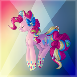 Size: 2000x2000 | Tagged: safe, artist:evakulisreal, pinkie pie, pony, bow, candy, candy cane, eyes closed, food, high res, lollipop, rainbow power, solo