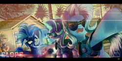 Size: 2800x1400 | Tagged: safe, artist:ruhisu, starlight glimmer, trixie, oc, oc:brave wing, pony, clothes, cops, houses, levitation, magic, neighborhood, open mouth, paper, pen, police, police officer, sunglasses, telekinesis, underhoof