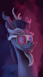 Size: 941x1661 | Tagged: safe, artist:insanerobocat, discord, draconequus, 3d glasses, facial hair, goatee, signature, smiling, solo