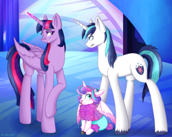 Size: 2001x1589 | Tagged: safe, artist:mailner, princess flurry heart, shining armor, twilight sparkle, twilight sparkle (alicorn), alicorn, lamb, pony, sheep, unicorn, :p, angry, aunt and niece, best aunt ever, brother and sister, card, castle, cloven hooves, crystal, cute, eye contact, father and child, father and daughter, female, filly, floppy ears, fluffy, flurrybetes, glare, glowing horn, grin, hearthstone, looking at each other, looking up, magic, male, mare, nervous, open mouth, parent and child, polymorph, raised hoof, sheepish grin, shining armor is not amused, sitting, smiling, sparkles, species swap, spell, spell gone wrong, spread wings, stallion, stealth pun, this will end in tears, tongue out, transformation, unamused, warcraft, wings, worst aunt ever