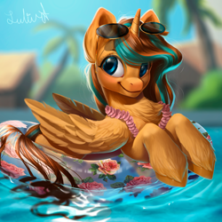 Size: 3000x3000 | Tagged: safe, alternate version, artist:lulemt, oc, oc only, alicorn, pony, alicorn oc, chest fluff, commission, female, floaty, glasses, lei, mare, palm tree, smiling, solo, sunglasses, swimming pool, tree, unshorn fetlocks, ych result