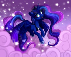 Size: 2500x2000 | Tagged: safe, artist:vird-gi, princess luna, alicorn, pony, cloud, female, flying, mare, open mouth, solo, stars