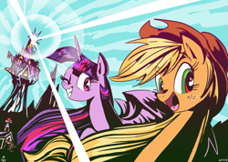 Size: 821x583 | Tagged: safe, artist:jowyb, applejack, twilight sparkle, twilight sparkle (alicorn), alicorn, earth pony, pony, female, grin, lens flare, lesbian, looking at you, mare, open mouth, row row fight tha powah, shipping, style emulation, tengen toppa gurren lagann, twijack, twijack weekly, twilight's castle, wingding eyes, wink