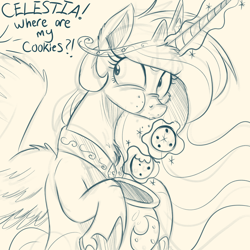 Size: 2048x2048 | Tagged: safe, artist:ncmares, princess celestia, alicorn, pony, caught, commission, cookie, cookie jar, cute, cutelestia, eating, female, food, magic, mare, monochrome, nose wrinkle, scrunchy face, sketch, solo, telekinesis, this will end in tears and/or a journey to the sun